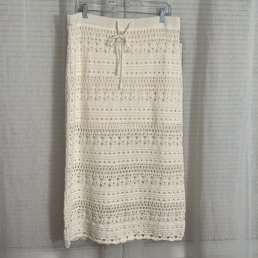 UT XL Cream Openwork Midi Sweater Crochet Knit Scalloped Drawstring Skirt - Picture 8 of 16